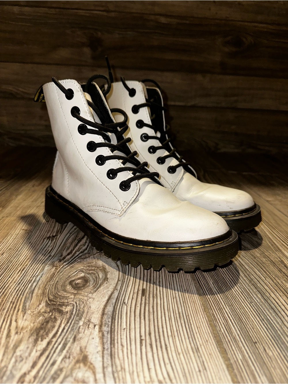 Dr. Martens White Combat Lace-Up Boots with Black Trim Gold Stitching Size 7